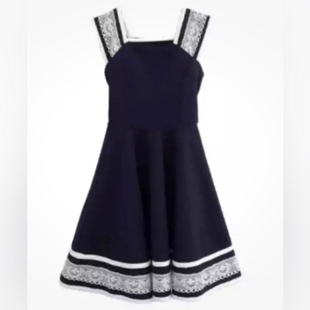 Bonnie Jean Girls 5 Navy Fit & Flare Party Dress Navy Blue White Lace Tie Waist
